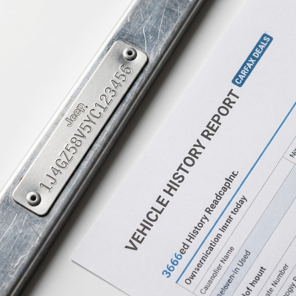 Close up of Jeep VIN plate on frame next to printed vehicle history report for jeep wrangler for sale minimalist white background CarFax Deals accent 3666ed