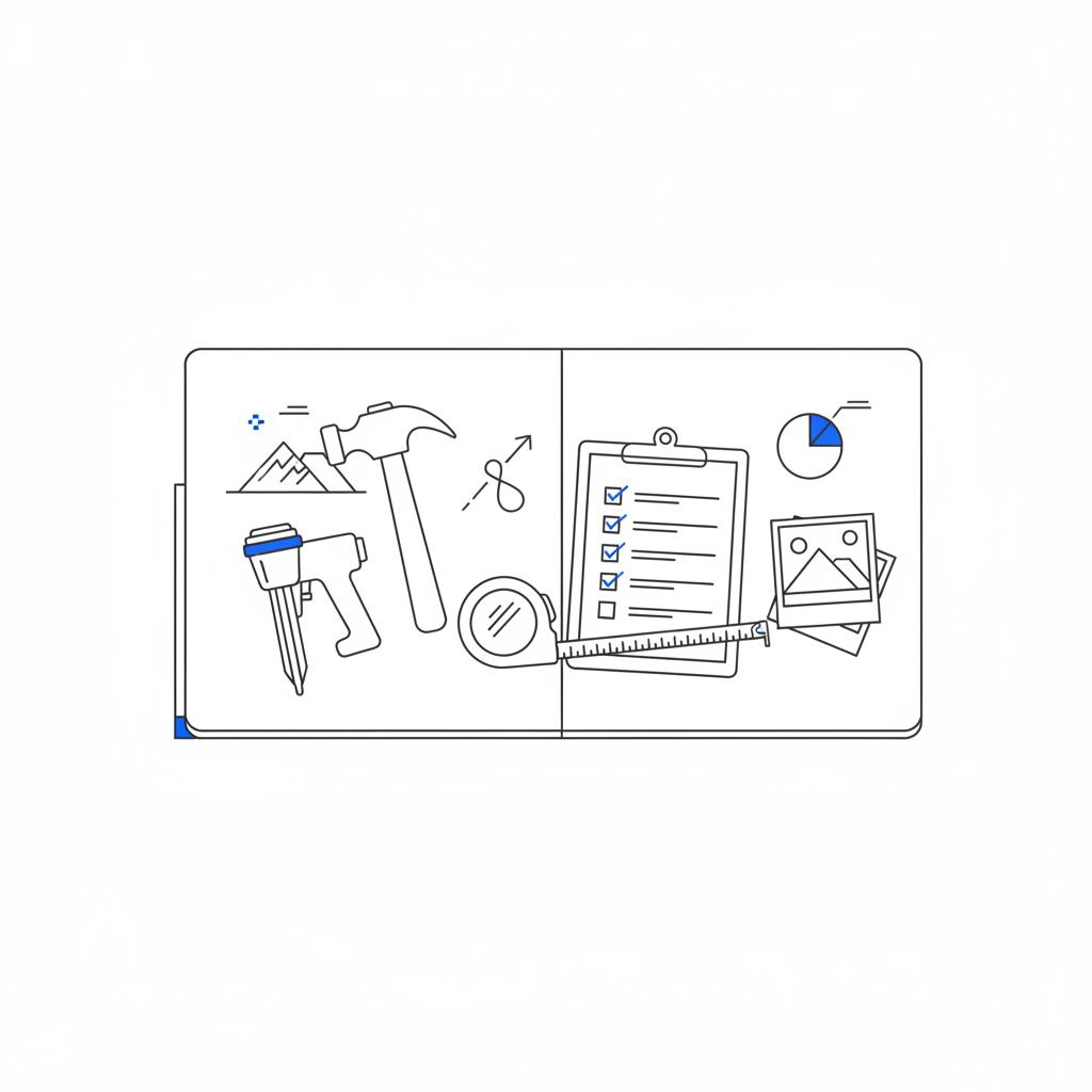 Minimal flat 2D vector top-down of roofing tools, clipboard checklist and before/after roof photo prints on a white page, illustrating planning for where do roofers make the most money