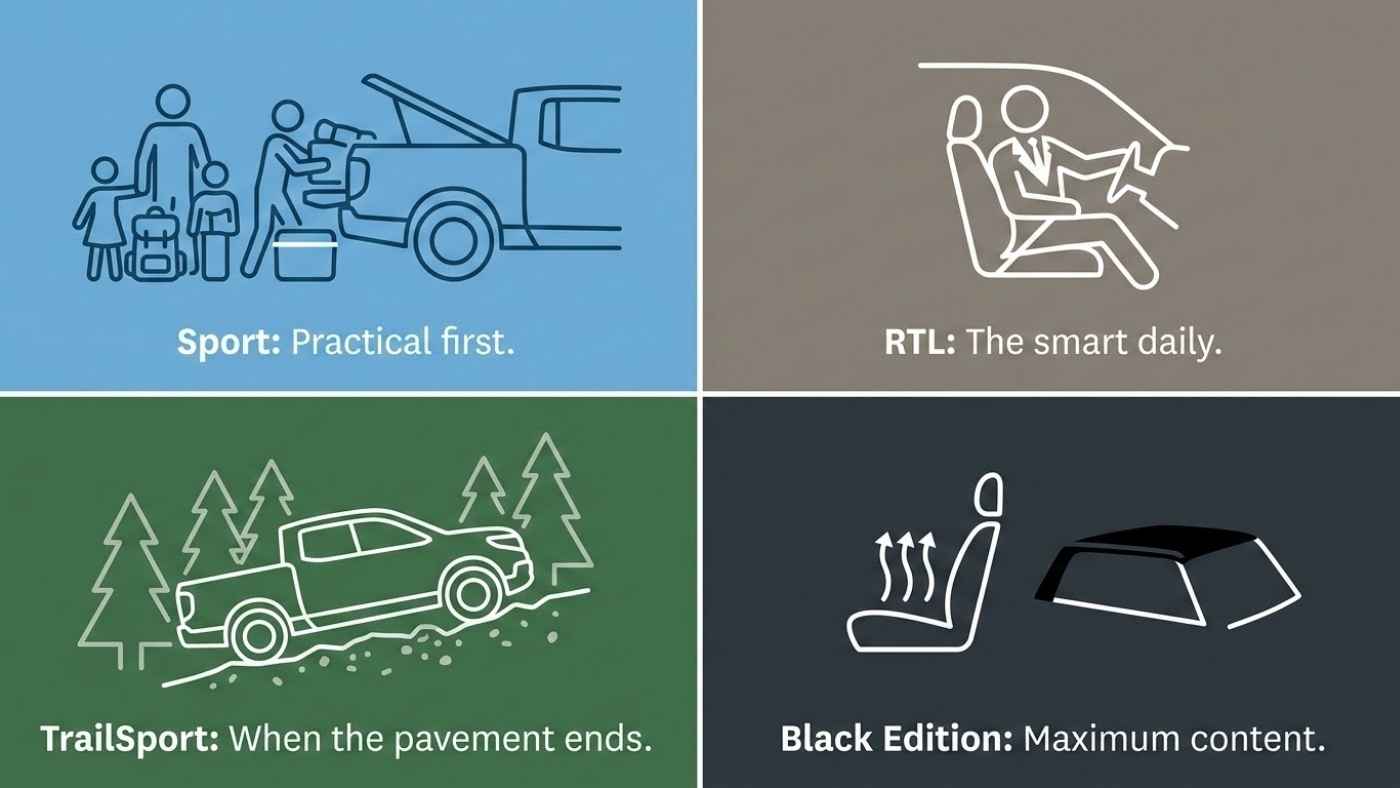 2026 Honda Ridgeline trim personalities showing Sport, RTL, TrailSport, and Black Edition buyer lifestyles and use cases.