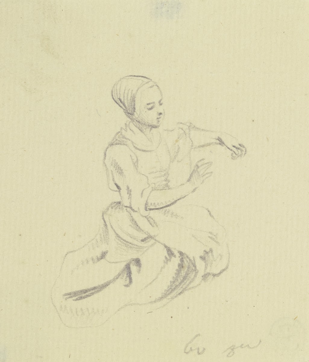 Kniendes Mädchen nach rechts mit den Händen eine Handlung ausführend 1760