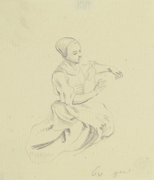 Kniendes Mädchen nach rechts mit den Händen eine Handlung ausführend 1760