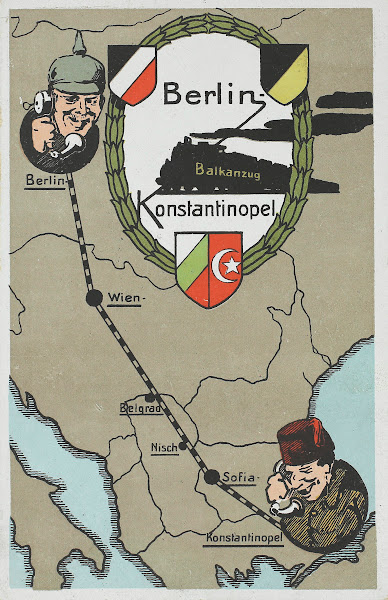 Kriegspostkarte mit humoristischer Darstellung auf dem Balkanzug 1915