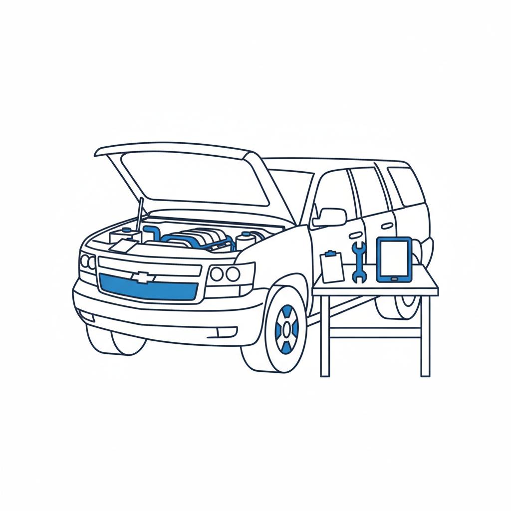 Minimal vector illustration of a Chevy Suburban engine bay with clipboard and blank maintenance invoices on a white background chevy suburban for sale