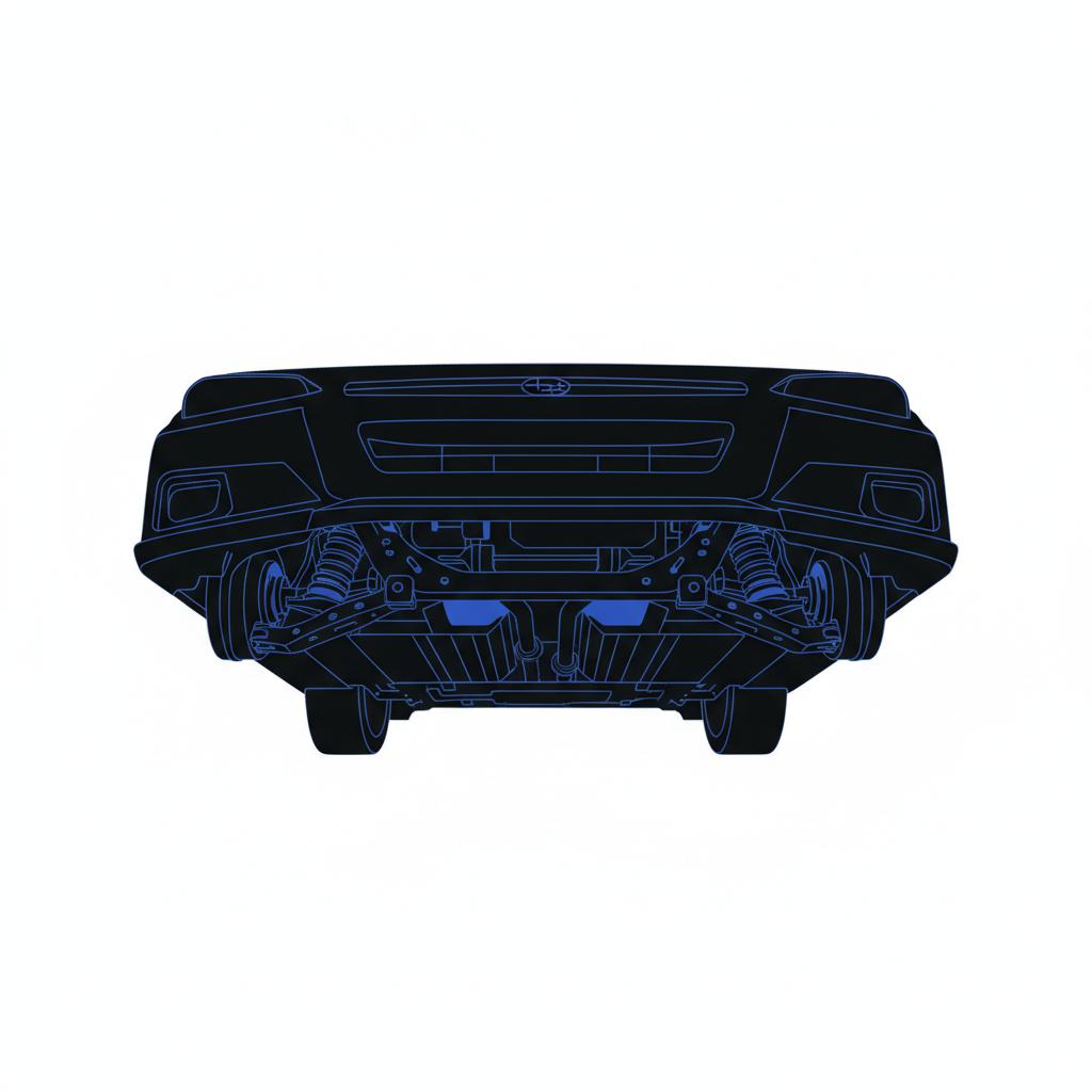 Vector illustration of a Subaru underbody showing a clean rust free subframe and suspension in a well lit workshop minimalist style best year to buy a Subaru