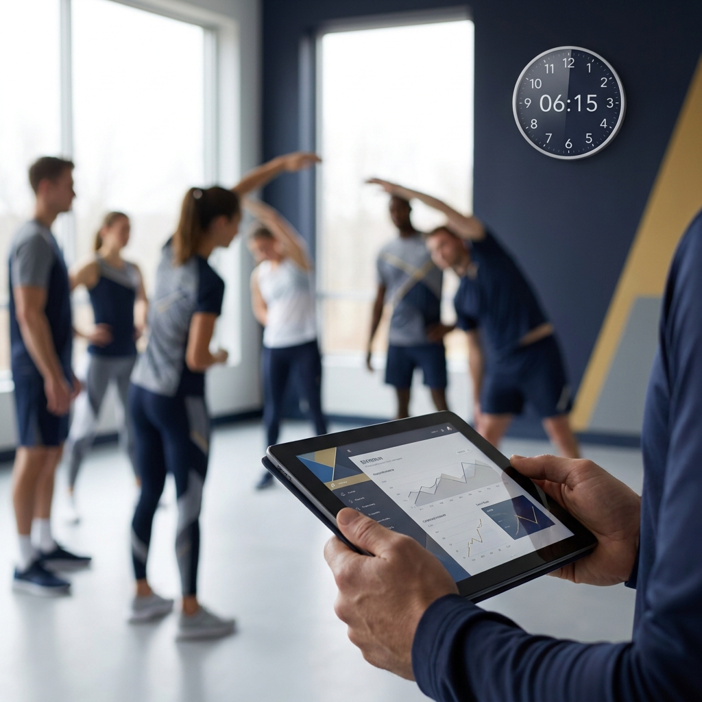 Close up of a coach checking a tablet during a team warmup with a clock showing early morning time minimal clean composition in Funded Plays colors Trading Day Games After Night Games