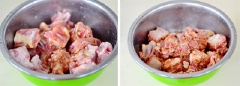 Chắt bỏ phần nước, sau đó cho 1 muỗng cà phê muối, 1/2 muỗng cà phê tiêu, 1 muỗng canh nước tương, 1 muỗng canh rượu vào, ướp trong 1 tiếng đồng hồ.