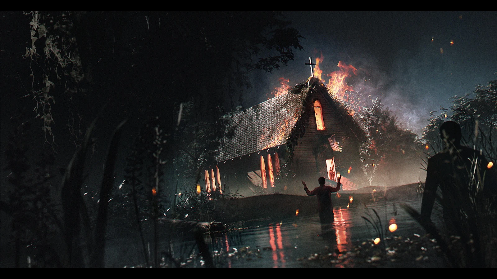 Outlast Two Burning Church - Digital Art 4K Wallpaper (3840x2160)