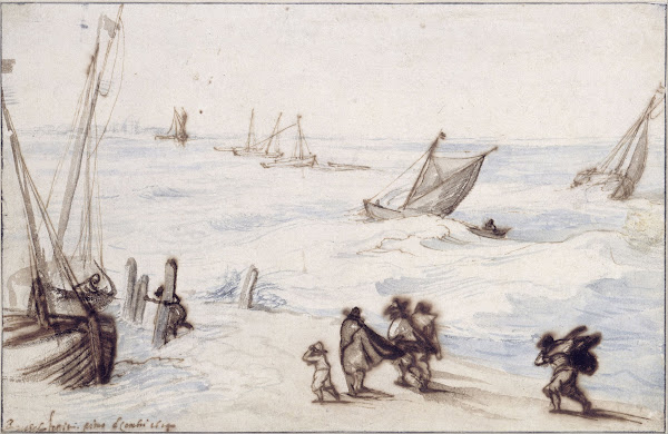 Beach with sailboats and stormy sea 1614
