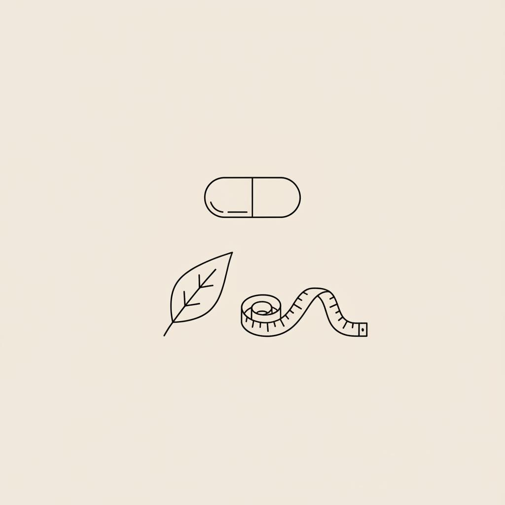 Minimalist vector line illustration of a capsule, leaf, and measuring tape on a beige background, evoking probiotics and weight management — how long do probiotics take to work for weight loss