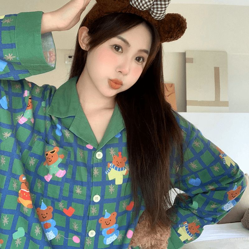 Women's pajama set made of cotton blend with plaid pattern