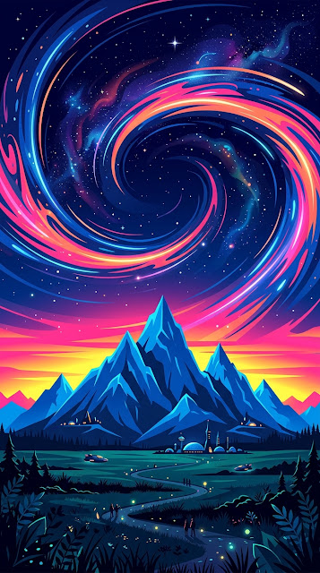 Retro Futuristic Mountain Sunset with Cosmic Ring - Free mobile Wallpaper