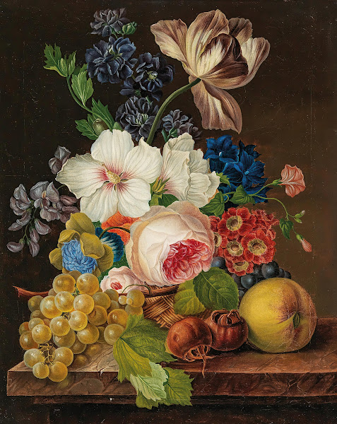 A Bouquet of Flowers with Grapes and Medlars