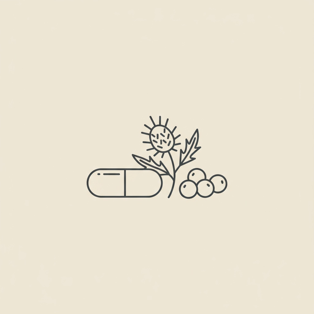 Minimalist vector line illustration of a capsule, milk thistle sprig, and small berry cluster on a beige background, visually representing weight loss medications.