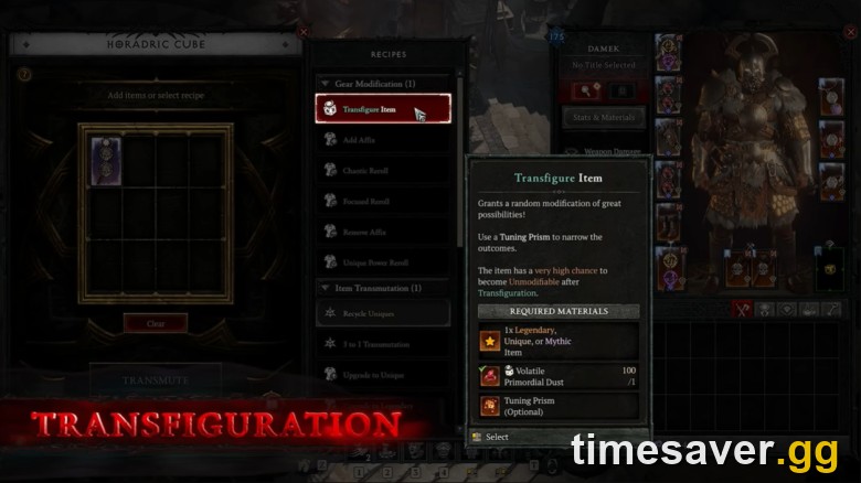 Diablo 4 Horadric Cube crafting interface — the Upgrade to Unique and Transmute recipes used to manufacture Tibault's Will