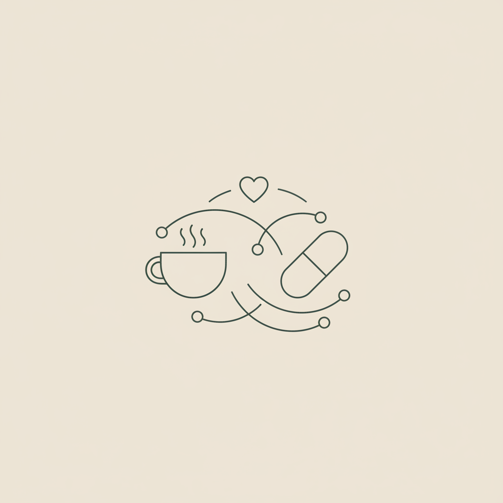 Minimal Tonum-style line illustration of a capsule, teacup, and heart connected by thin elegant lines on a beige background, highlighting risks of thermogenics