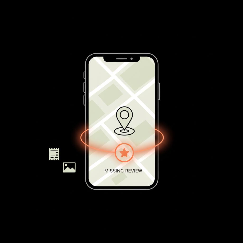 Minimal 2D vector infographic of a mobile map showing a highlighted missing review slot with receipt and photo icons — does Google tell you if they remove your review