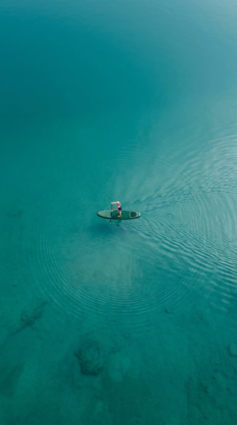 Aerial View of Lone Paddleboarder on Turquoise Lake - Free 4K mobile Wallpaper