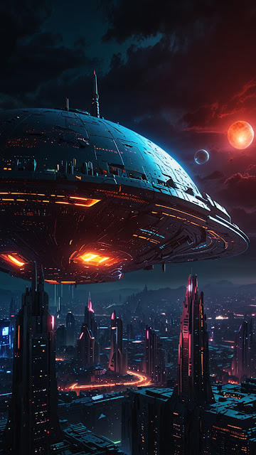 Giant UFO Hovering Over Neon Cyberpunk City - Free mobile Wallpaper