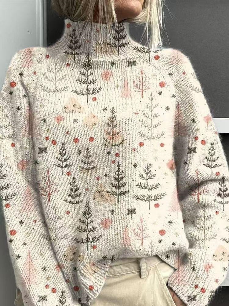 Loosely cut women's turtleneck sweater with Christmas print