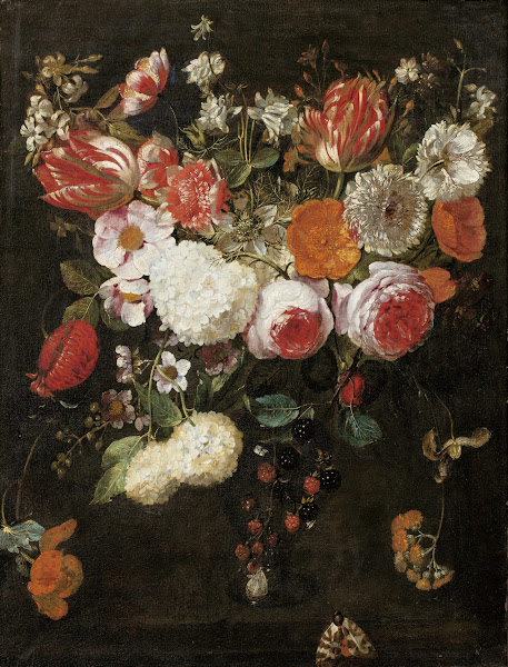 Still Life With Roses Tulips And Other Flowers In A Vase Together With Blackberr