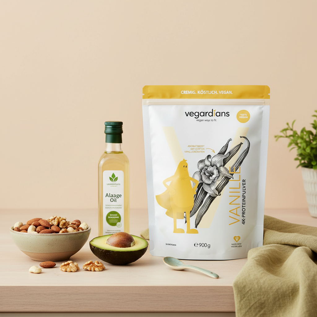 Minimalistische Küchen-Arbeitsfläche mit Avocado, Nüssen, Erbsenprotein-Dose und Algenöl – pflanzliche Keto-Zutaten, keto ohne rotes fleisch, helle skandinavische Ästhetik.