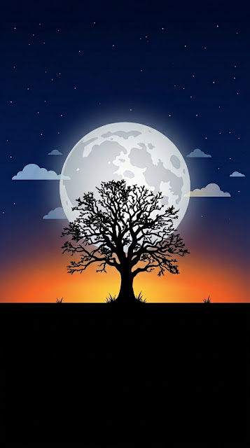 Minimalist Landscape with Lone Tree Silhouette and Rising Full Moon - Free mobile Wallpaper