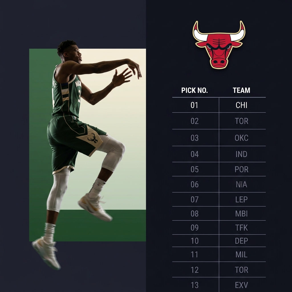Minimalist split screen showing a generic bucks player in green and cream uniform beside a Bulls logo over a clean ledger style draft picks table bulls bucks prediction