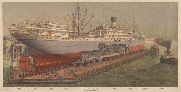 Schiff im Dock Hirerzu eine Erläuterungstafel 1910