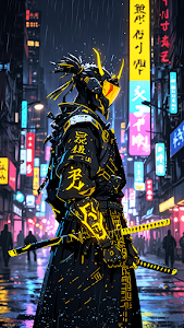 Cyberpunk Samurai Warrior in Neon Rain Cityscape