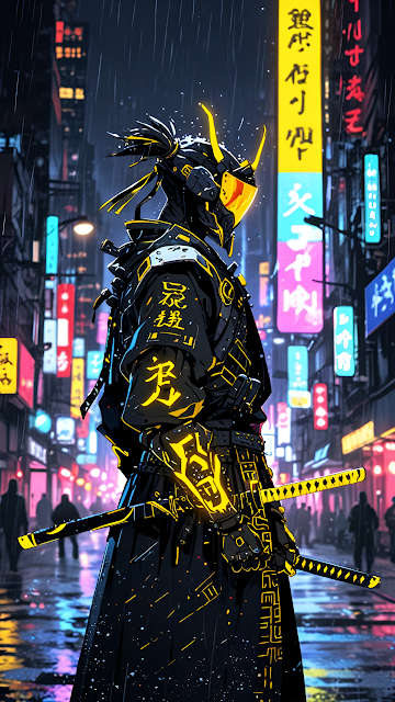 Cyberpunk Samurai Warrior in Neon Rain Cityscape - Free mobile Wallpaper