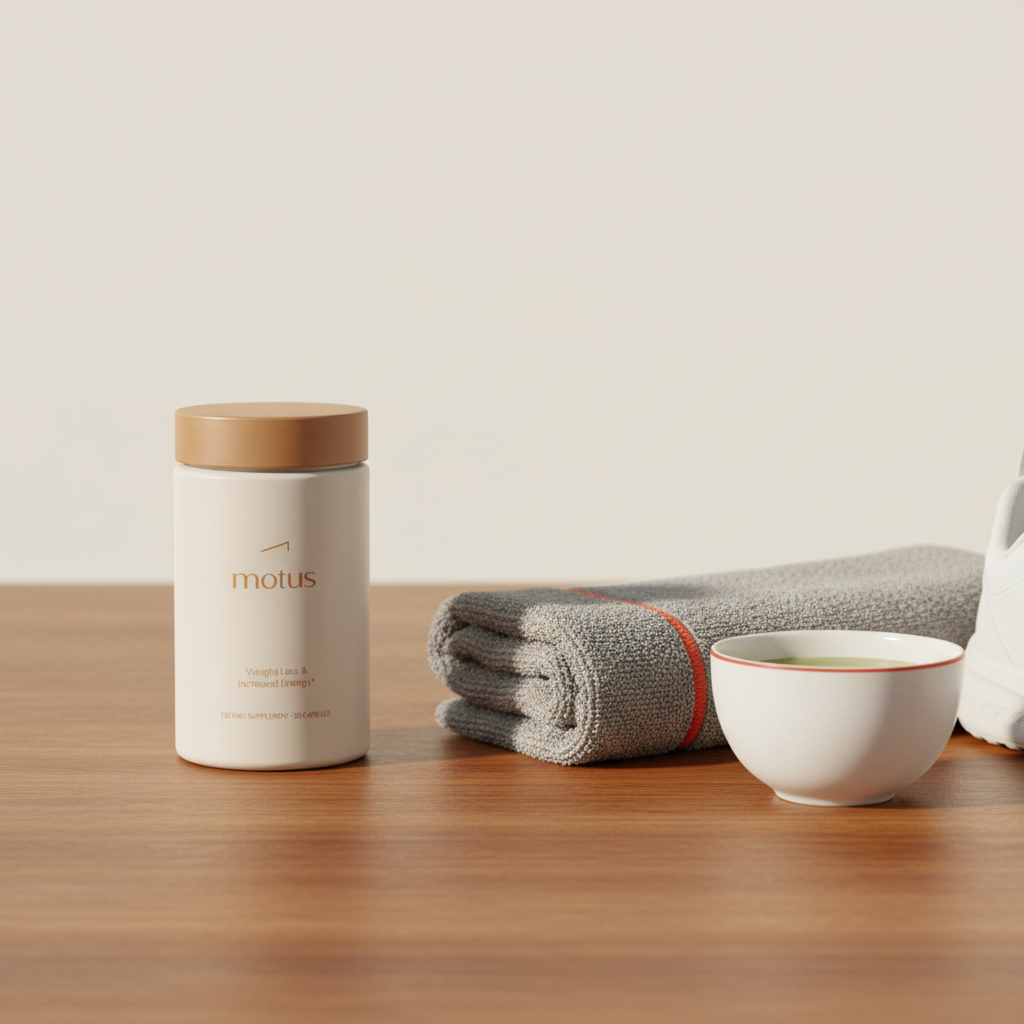 4 ingredient metabolism booster: Tonum Motus bottle on warm wooden table with folded workout towel, running shoes off-frame and green tea cup in a minimalist wellness scene