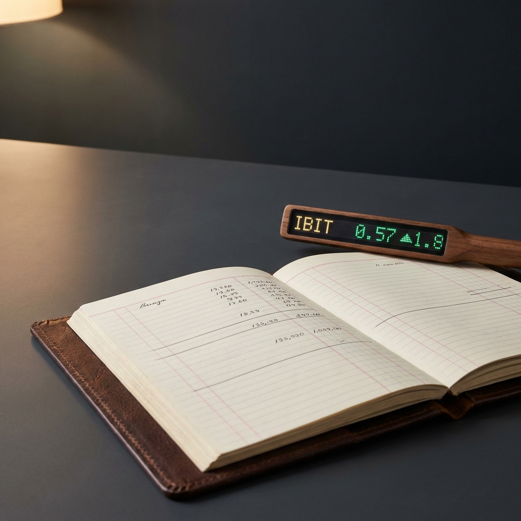 Close up of a professional ledger and a stock style ticker showing IBIT in Finance Police green and gold accents representing Goldman Sachs crypto holdings