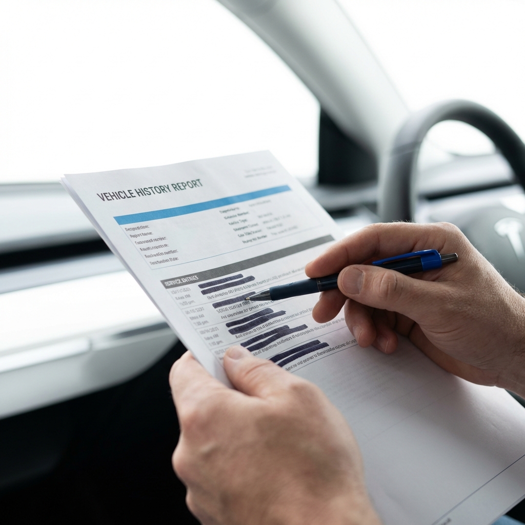 Owner pointing to service entries on a vehicle history report highlighting lexus rx 350 price details on a white background in CarFax Deals minimalist style