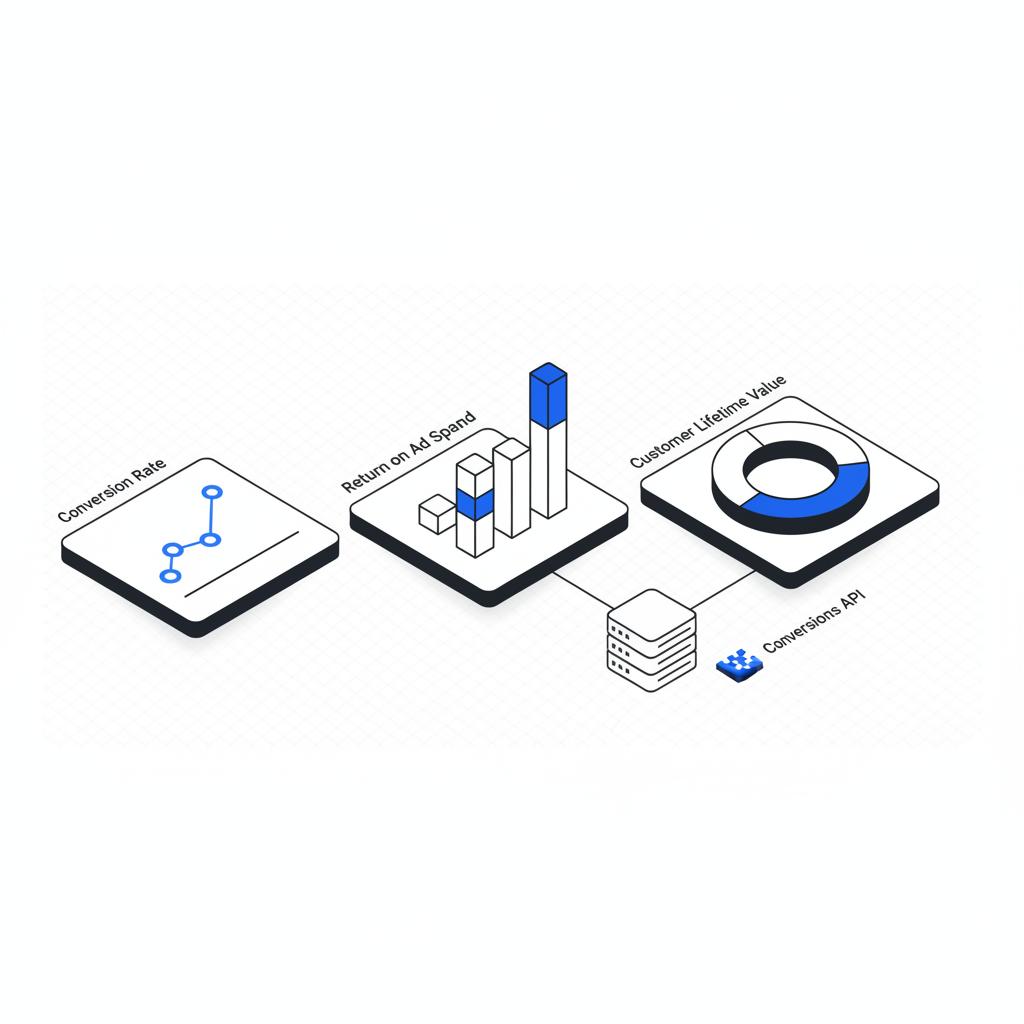 Minimal isometric vector dashboard showing CTR, CPA and frequency charts plus a tiny pixel icon and server box for Conversions API in Agency Visible brand colors, Instagram sponsored post