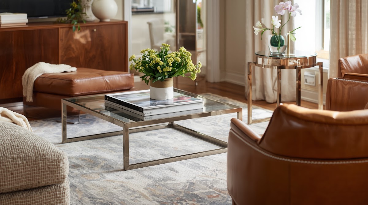 How to Make Chrome and Leather Feel Warm in a Living Room - final inviting chrome and warm wood living room styling reveal