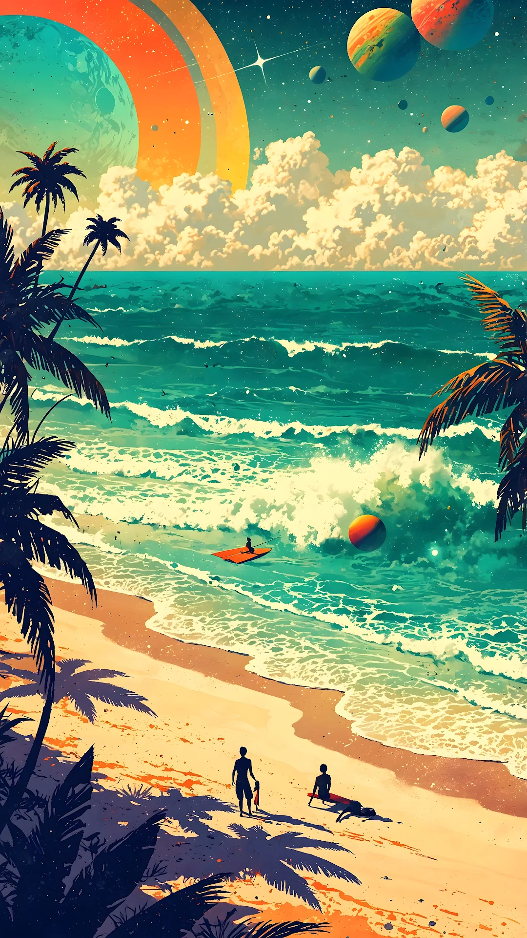 Synthwave Tropical Beach Space Landscape Vaporwave Art - Free 4K mobile Wallpaper