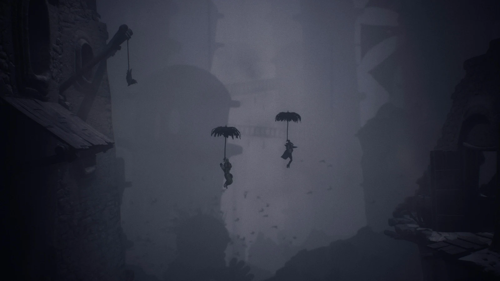 Dark Figures Floating With Umbrellas - Cinematic Game Art 4K Wallpaper (3840x2160)