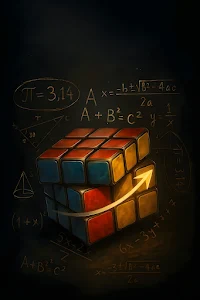 Rubik's Cube and Mathematical Formulas on Chalkboard