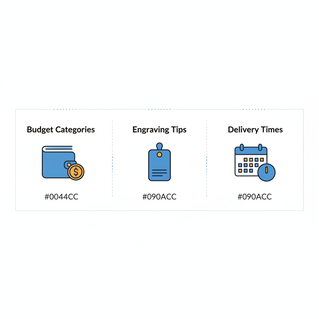 Minimalistische 2D-Infografik mit Vektor-Icons zu geschenkideen beste freundin: Budget (Geldbörse), Gravurtipps (Anhänger) und Lieferzeiten (Kalender).
