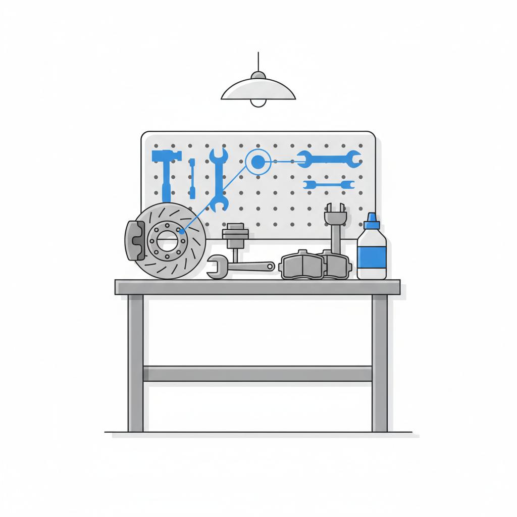 Minimalist 2D vector of an independent garage bench with brake rotor caliper brake pads and tools with blue visual callouts nissan car showroom near me