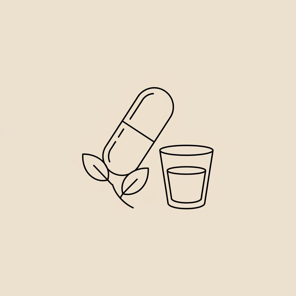 Minimalist Tonum-style vector line illustration of a capsule, plant sprig, and water glass on a beige background representing weight loss pills.