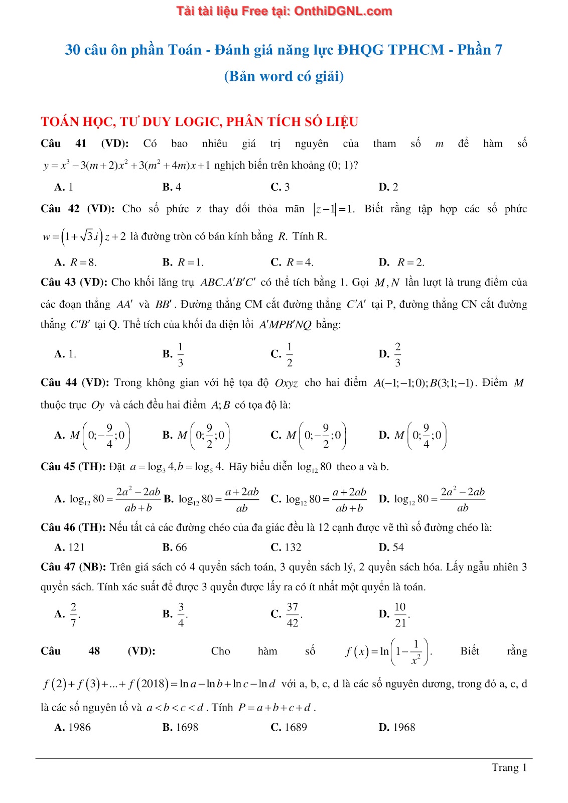 900 bài tập môn Toán - Ôn thi ĐGNL ĐHQG TP HCM Phần 7