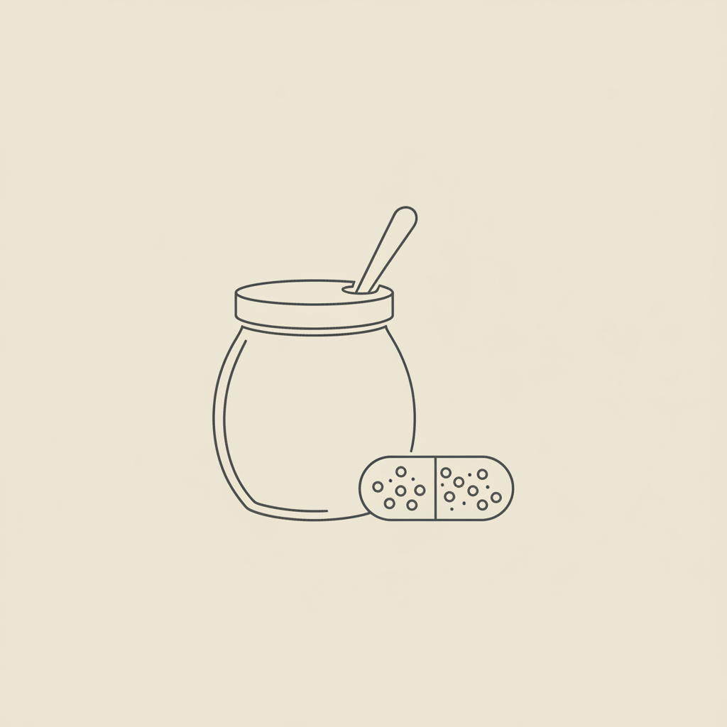 Minimalist line illustration of a yogurt jar, spoon, and probiotic capsule with dotted microbes on beige background, representing Mayo Clinic probiotics.