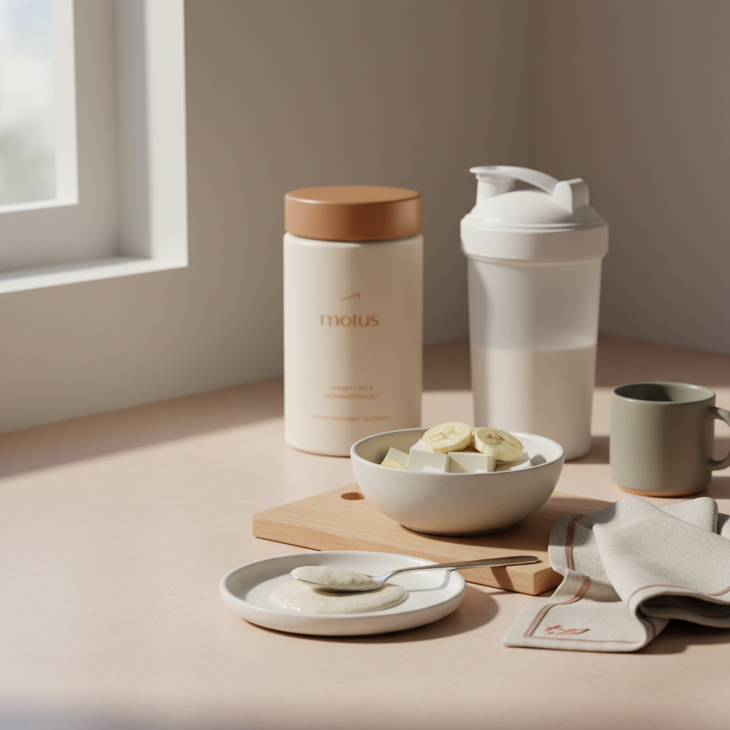 Minimalist kitchen counter with Tonum Motus jar, opaque shaker, bowl of silken tofu and banana and a spoon with creamy sample — meal replacement shakes for picky eaters