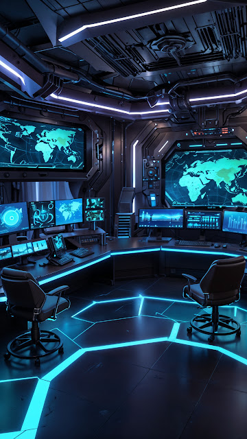 Futuristic Control Room with Glowing Blue Lights - Free mobile Wallpaper