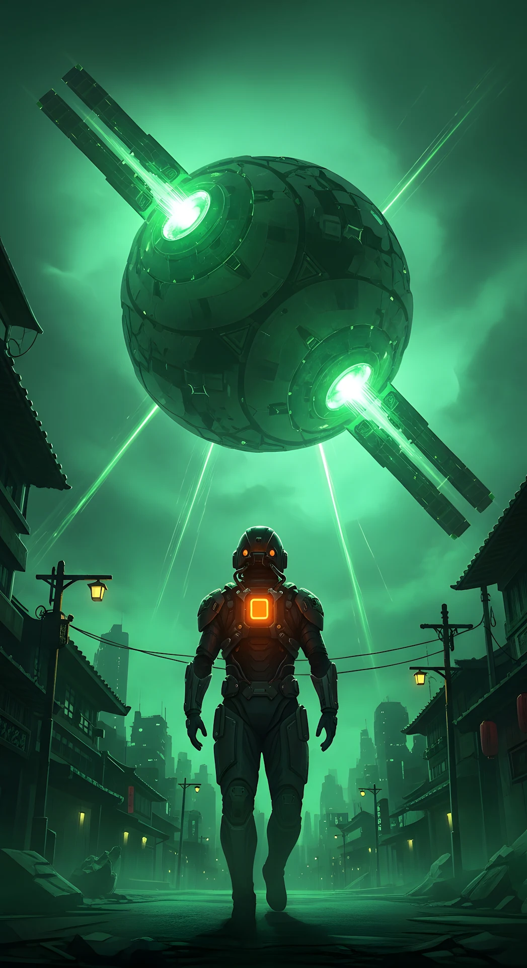 Dystopian Cyborg Under Alien Orb in Green Cyberpunk City - Free 4K mobile Wallpaper