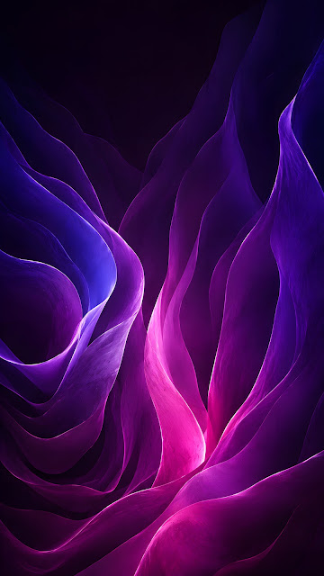 Layered violet and magenta folds flow vertically across a dark abstract background.