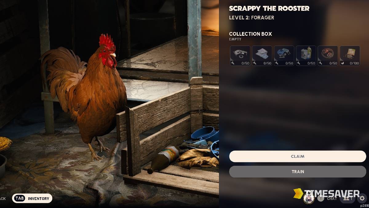 ARC Raiders Scrappy the Rooster at Level 2 Forager with his resource Collection Box and the Claim and Train buttons in the Speranza workshop