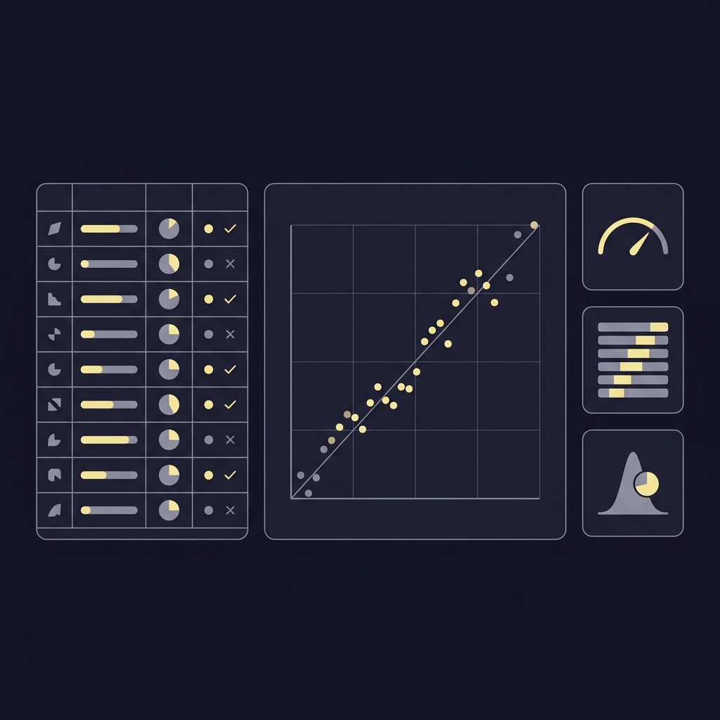 Minimalist vector dashboard for football prediction apps showing a logged forecast table with outcome indicators and a calibration plot in Funded Plays dark color palette