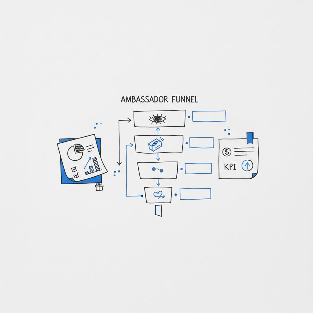 Close-up sketchbook page showing an ambassador funnel (awareness, trial, referral, loyalty) with KPIs and incentive post-it sketches highlighted in #1a5bfb &mdash; brand ambassador program